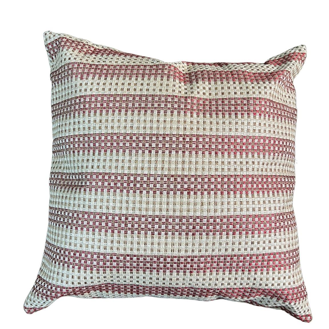 A brick red and ivory stripped cushion cover from the front