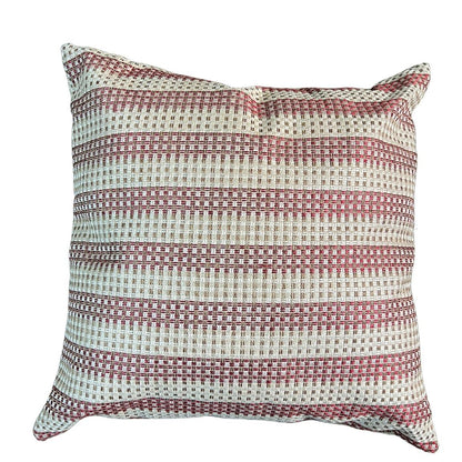 A brick red and ivory stripped cushion cover from the front