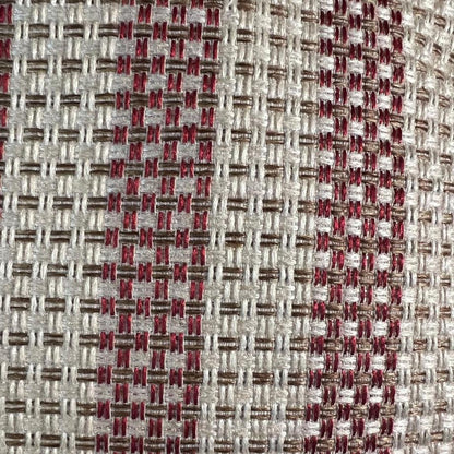 A close up to the brick red and ivory stripped cushion cover 